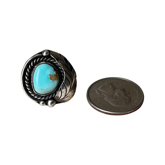 Vintage Blue Turquoise Leaf Ring, Sterling Silver Native American Ring Sz 4.5 - Picture 2 of 6